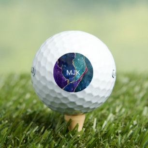 Balles De Golf Agate bleu violet Aqua Gold Veines Monogramme