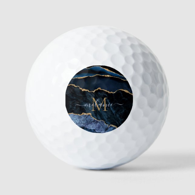 Balles De Golf Agate Navy Blue Gold Votre nom Lettre Golf Balls (Recto)