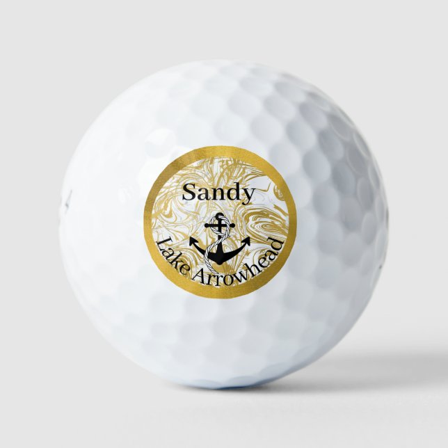 Balles De Golf ancre nautique or et marbre blanc noir (Devant)