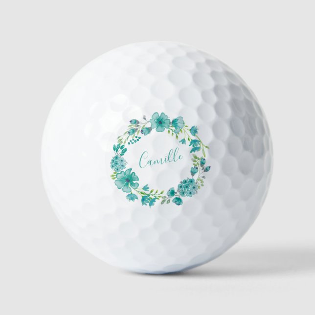 Balles De Golf Aqua Sea Green Floral Wreath Personnalisé (Recto)