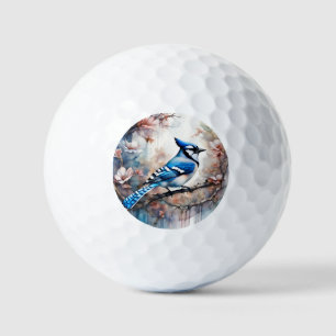 Balles De Golf Aquarelle bleu Jay Cherry Blossoms