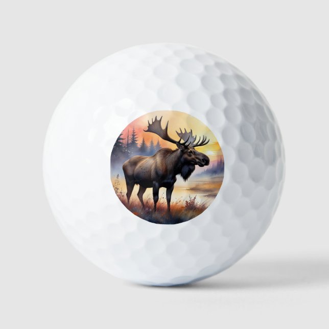 Balles De Golf Aquarelle d'orignal au lever du soleil (Recto)