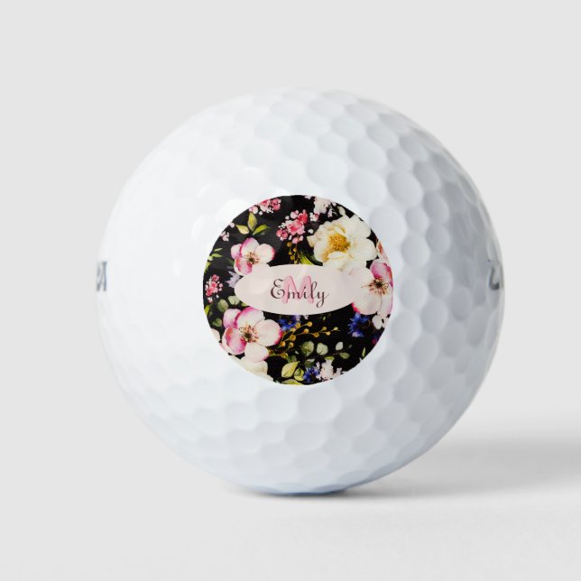 Balles De Golf Aquarelle rose Roses jaunes sur noir, Monogramme (Devant)