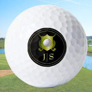 Balles De Golf Blason Monogrammé Moderne Élégant Noir et Or