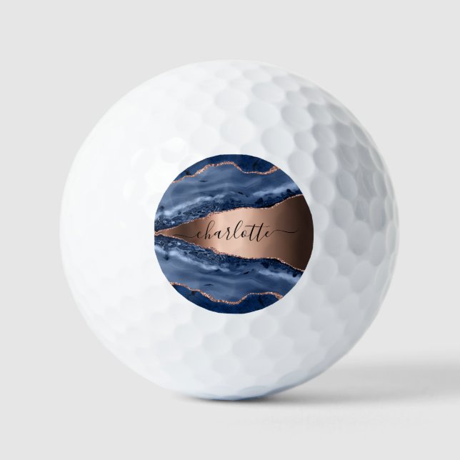 Balles De Golf Bleu agate marbre rose or nom script (Recto)
