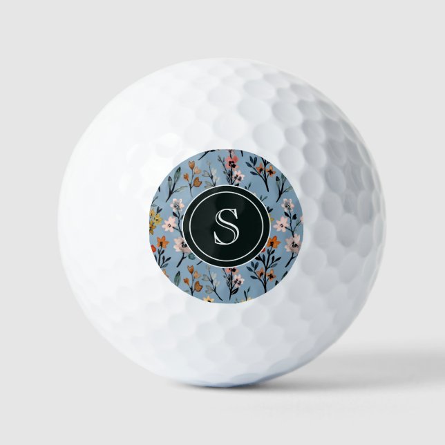 Balles De Golf Boho bleu douce Aquarelle Florale Monogramme (Recto)