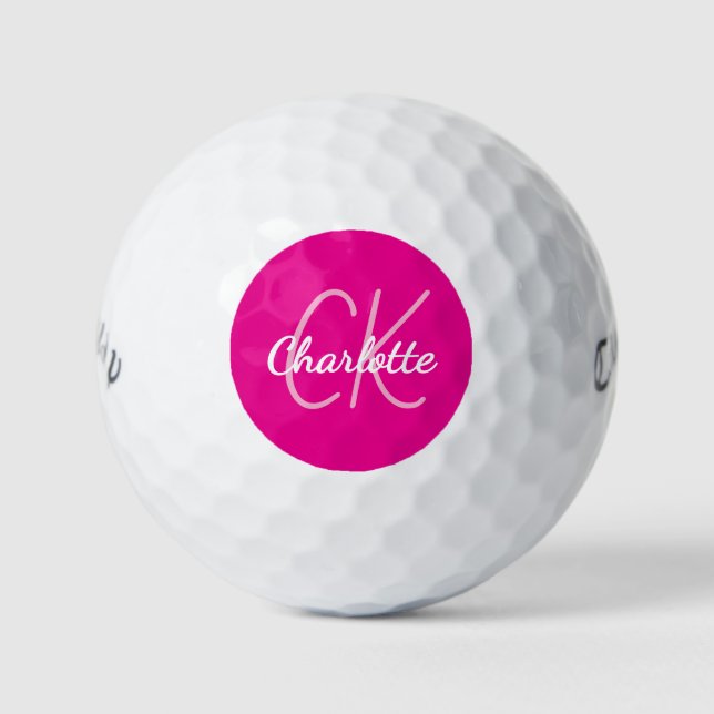 Balles De Golf Cartes initiales en monogramme rose chaud nom femm (Devant)
