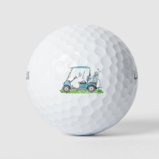 Balles De Golf Charming Golf Cart Blue Monogram Watercolor  (Devant)