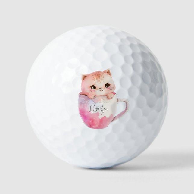 Balles De Golf Chat blanc-rose mignonne dans une tasse de thé (2) (Recto)
