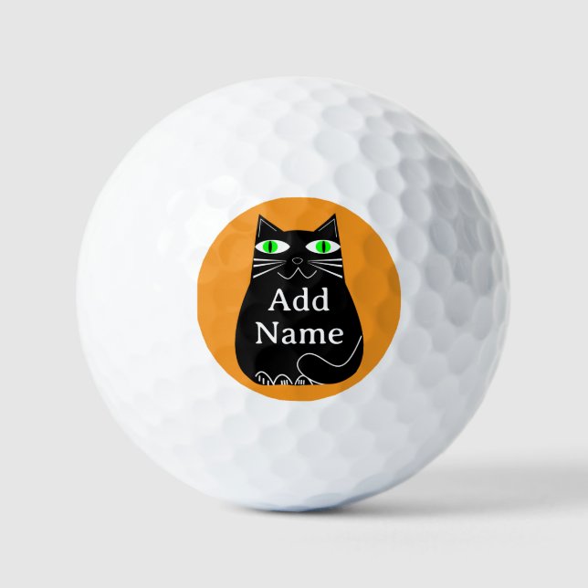 Balles De Golf Chat noir gras avec yeux verts Texte personnalisé (Recto)