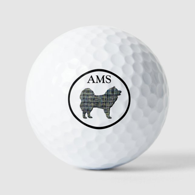 Balles De Golf Chien Samoyé Silhouette Jaune & Grille Bleue (Recto)