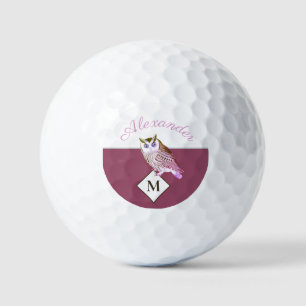Balles De Golf Chouette rose Mauve Nom du monogramme Tête de golf