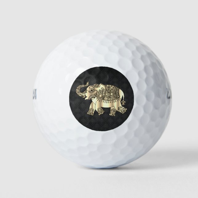 Balles De Golf Elégant Eléphant Floral Paisley Or, Damas Noir (Devant)