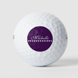 Balles De Golf Élégant Monogramme Coeurs blancs Eggplant pourpre