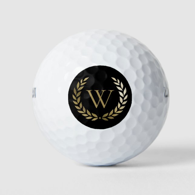 Balles De Golf Élégant monogramme de couronne de laurier d'or noi (Devant)