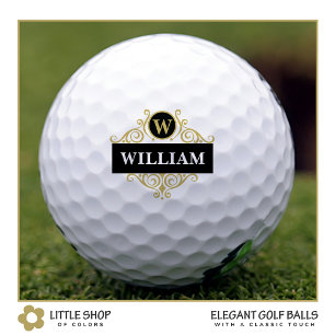 Balles De Golf Élégant Noir Monogramme Nom initial