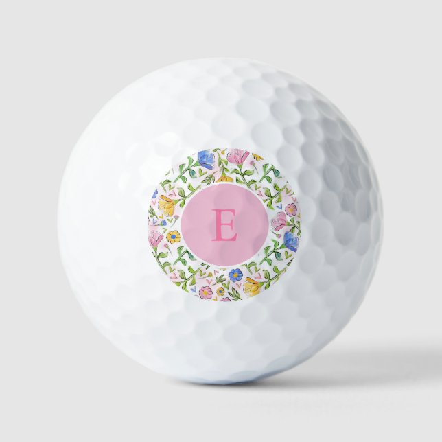 Balles De Golf Fleur Monogramme rose jaune rose (Recto)