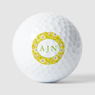 Balles De Golf Fleurs Mood rétro Monogramme jaune et blanc