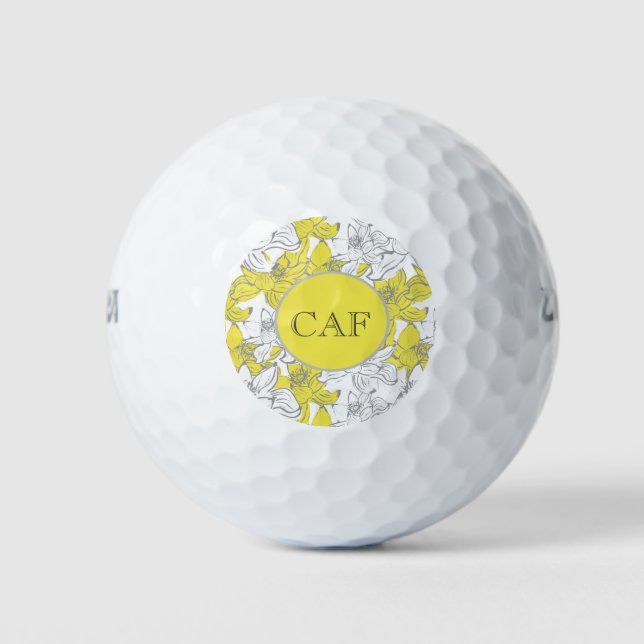 Balles De Golf Floral jaune et gris monogramme (Devant)
