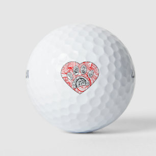 Balles De Golf Floral Mandala Chien Empreinte de patte Coeur roug