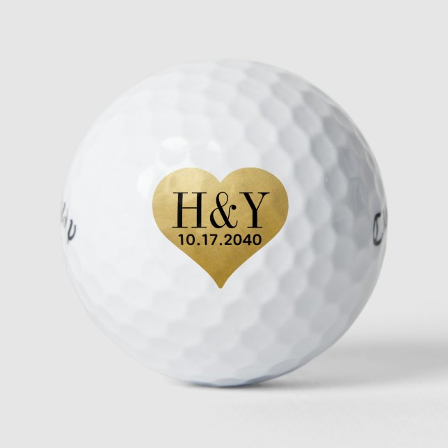 Balles De Golf Initiales de monogramme de mariage Date Cœur doré  (Devant)
