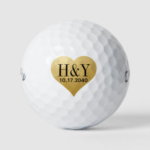 Balles De Golf Initiales de monogramme de mariage Date Cœur Or