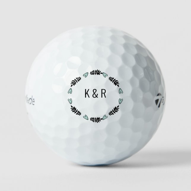 Balles De Golf Initiales mariages Couple Foliage & Coeurs Turquoi (Recto)