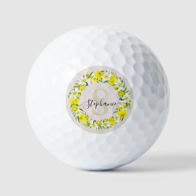 Balles De Golf Jaune Daffodique Blanc Garland Nom Monogramme (Recto)