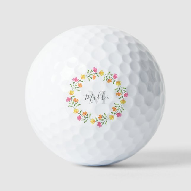 Balles De Golf Jaune, orange, Aquarelle rose Fleur couronne (Recto)