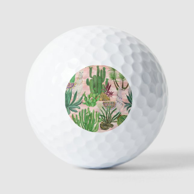 Balles De Golf Lamas aquarelle et motif cactus. (Recto)