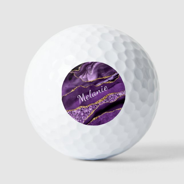 Balles De Golf Marbre d'or violet Nom personnalisé Boules de golf (Recto)