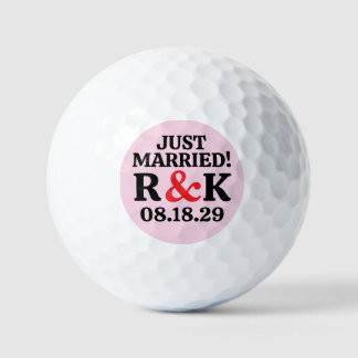 Balles De Golf Marié Monogramme & Esperluette Rouge, Fond Rose