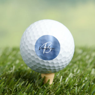 Balles De Golf Métal brossé Bleu Noir Blanc Script Monogramme