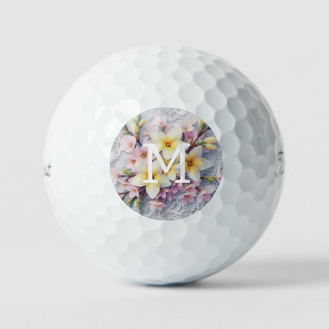 Balles De Golf Monogram lace pink and yellow Spring flowers  (Recto)