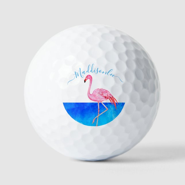 Balles De Golf Monogramme bleu tropical Nom Flamant rose rose Gol (Recto)