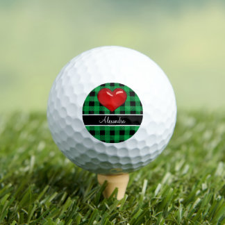 Balles De Golf Monogramme Buffalo Plaid Vert Noir coeur rouge