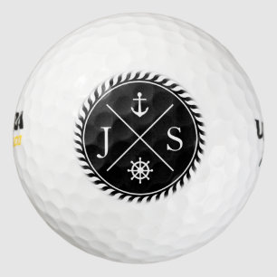 Balles De Golf Monogramme d'Ancre nautique noir et blanc