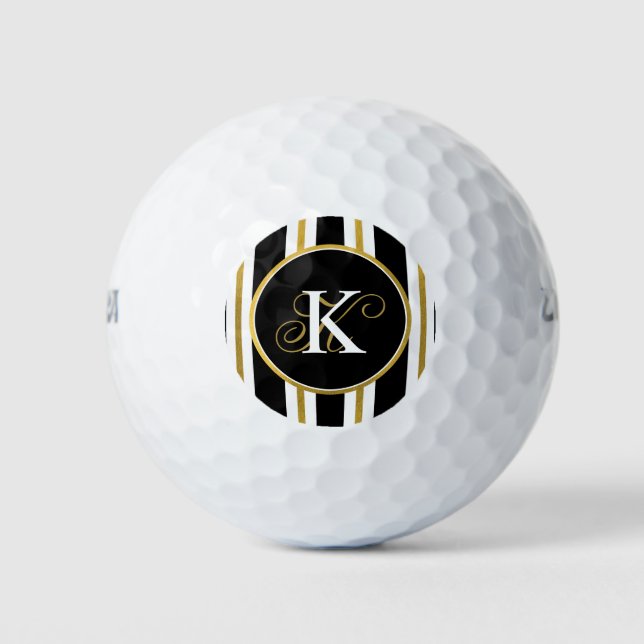 Balles De Golf Monogramme Elégant Noir & Or Personnalisé (Devant)