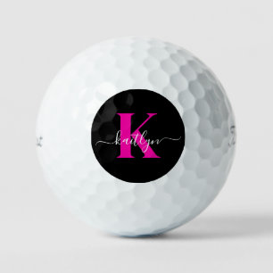 Balles De Golf Monogramme élégant noir rose vif écriture