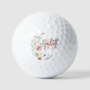 Balles De Golf Monogramme Fleur sauvage aquarelle