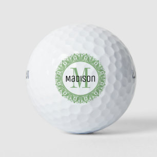 Balles De Golf Monogramme Mandala Vert Nom noir initial
