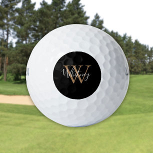 Balles De Golf Monogramme Noir Et Or Moderne Nom Du Script