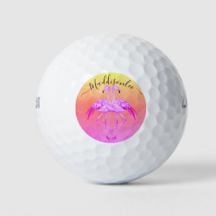 Balles De Golf Monogramme Nom de la pêche Deux Flamants roses ros