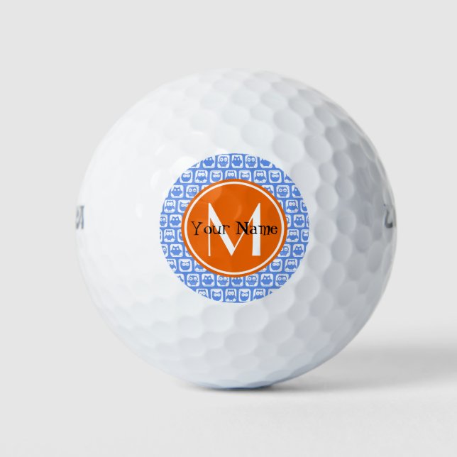 Balles De Golf Monogramme orange Nom personnalisé Chouettes bleue (Devant)