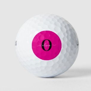 Balles De Golf Monogramme personnalisé Nom du script rose noir bl