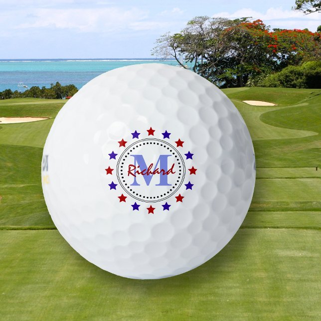 Balles De Golf Monogramme Red Blue Stars (Créateur téléchargé)