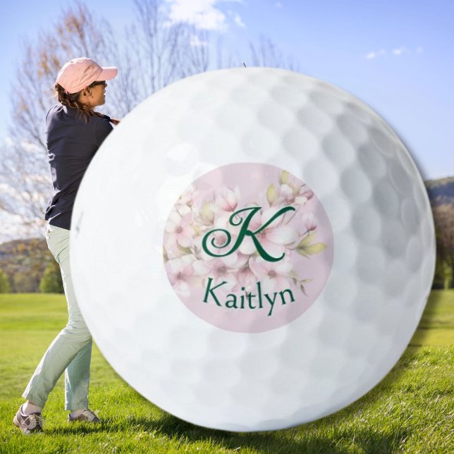 Balles De Golf Monogramme rose floral à deux couches Premier nom  (Créateur téléchargé)