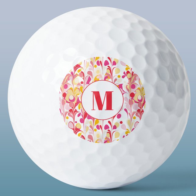 Balles De Golf Motif de marbre rétro Abstrait Monogramme (Monogram initial personalized marble pattern pink golf ball)