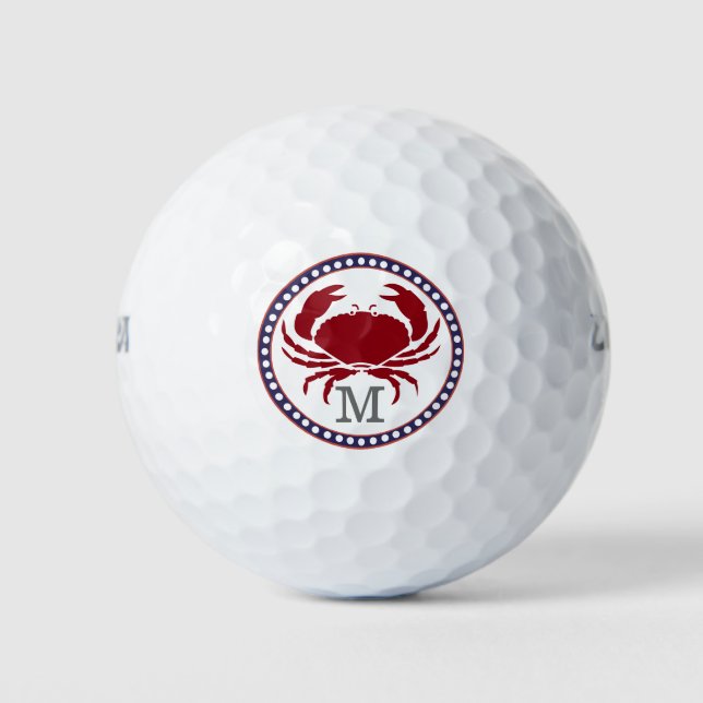 Balles De Golf Nautical red crab and grey stripes monogram (Devant)