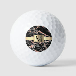 Balles De Golf Noir & Rose Gold Marble Boîte, Nom & Monogramme